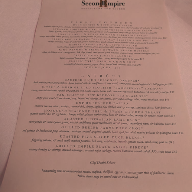 Menu Second Empire Restaurant And Tavern - 20